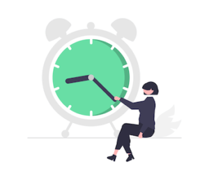 Illustration of a woman next to a giant clock, a metaphor for handing over her legacy