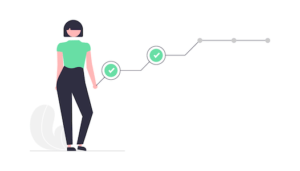 Illustration of a woman next to a chart showing her career progression