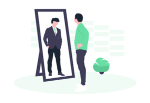 Illustration of a man in front of a mirror, a metaphor for a transitional leader