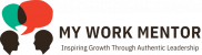 Website logo for My Work Mentor, with the strapline "inspiring growth through authentic leadership". The image shows two people speaking, one with a red bubble speech indicating problems, and the other with a green bubble speech indicating support